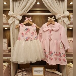 Nanette Pink Floral Baby Girl Dress w/Peter Pan Collared Coat, S18m, NWT